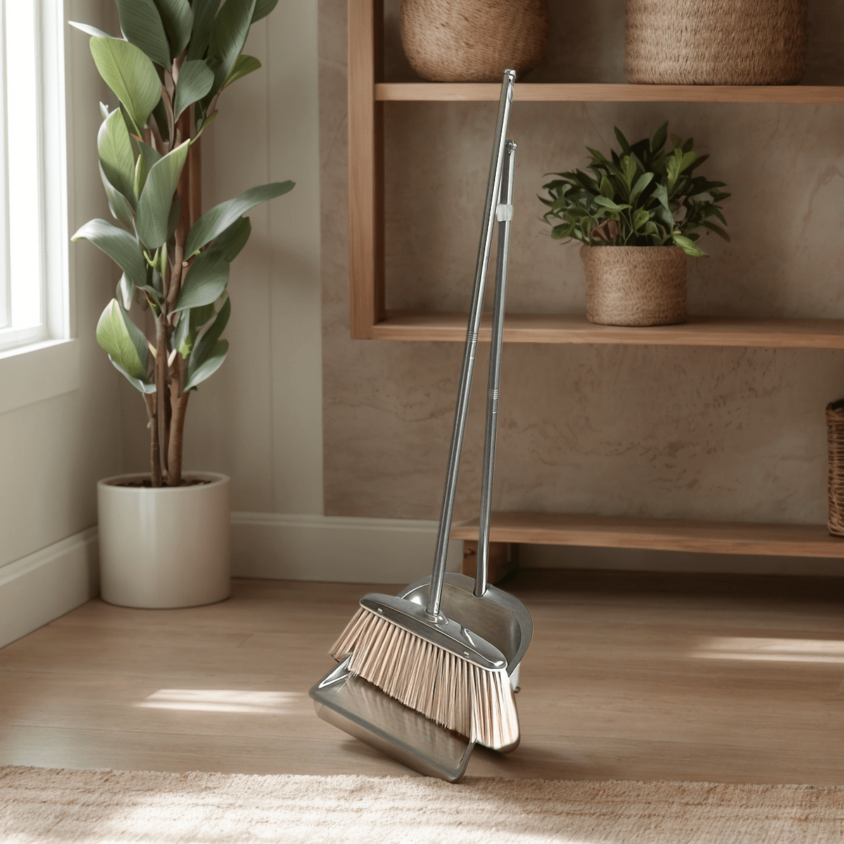 Durable Stainless Steel Broom and Dustpan Set with Slant Edge Design - Efficient Cleaning Combo for Home, Office, and School Dormitory, Hard Floor Surface, Practical Cleaning Tools|Modern Broom Design|Stainless Steel Construction, Broom and Dustpan Set
