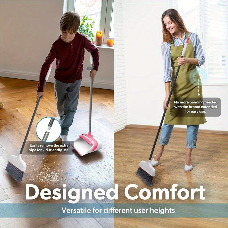 Butler Stand-Up Broom and Dustpan Set - Heavy-Duty Cleaning System with Ergonomic Stand, Lightweight & Space-Saving Combo for Hardwood, Tile, Carpet Floors - Ideal for Kitchen, Living Room, Bathroom, Hallway - White & Pink with Red Accent - Compatible