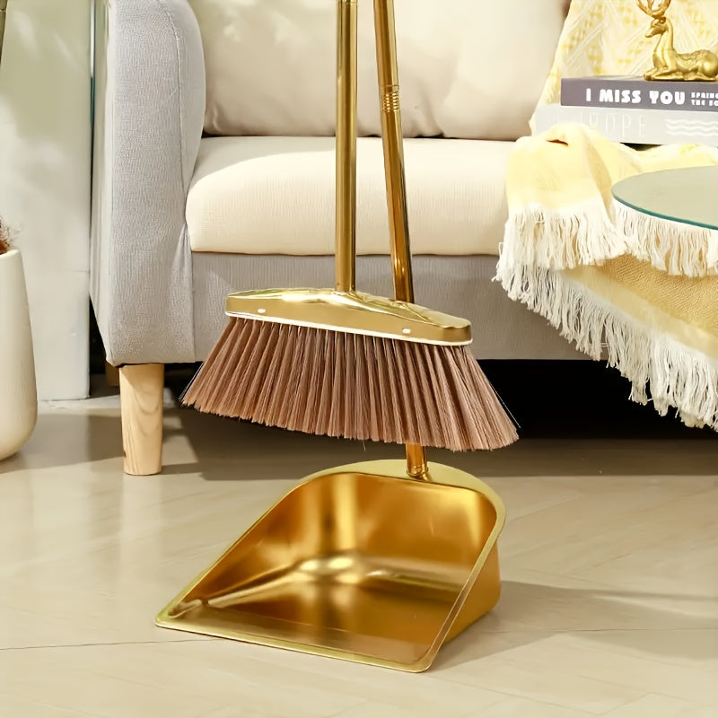 Golden Stainless Steel Broom and Dustpan Set - Heavy-Duty Cleaning Tools with Golden Broom Head & Pan, Easy-Clean Surface for Home, Office, Restaurant, Garage, Patio - Ideal for Hardwood, Tile, Linoleum Floors - Elegant Cleaning Set, Home Organization,