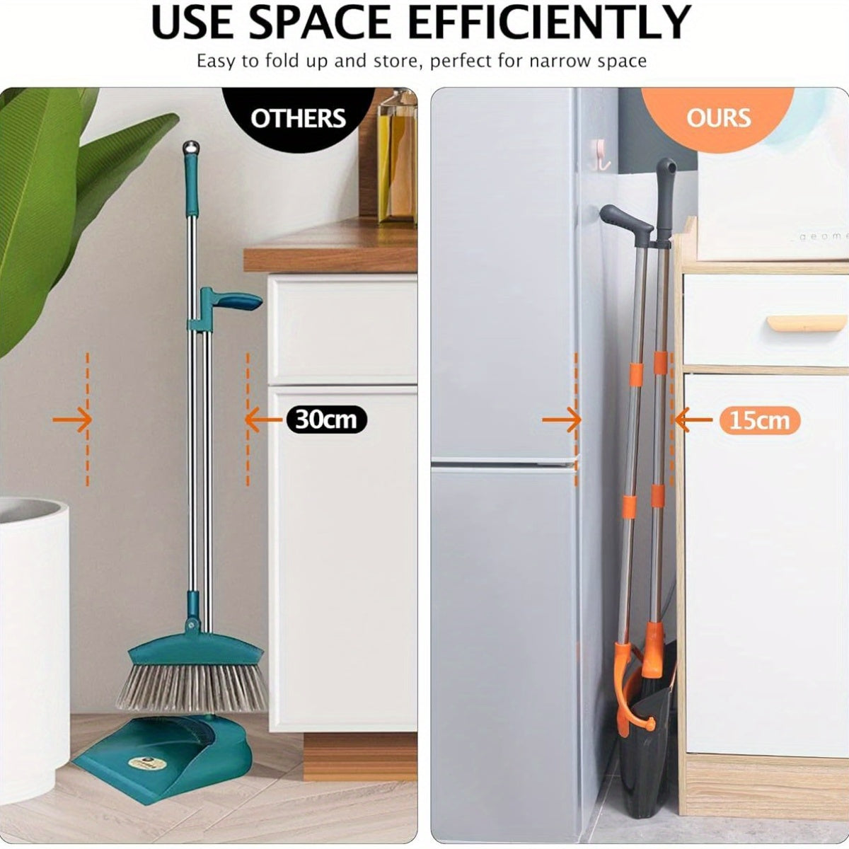 1-Pack Heavy-Duty Broom and Dustpan Set with Long Handle - Lightweight Stainless Steel Cleaning Combo, Space-Saving Stand Upright Dustpan, for Home, Kitchen, Office, Pet Hair, Hardwood Floors, Carpets - Ideal for Small Spaces & Commercial Use, Broom