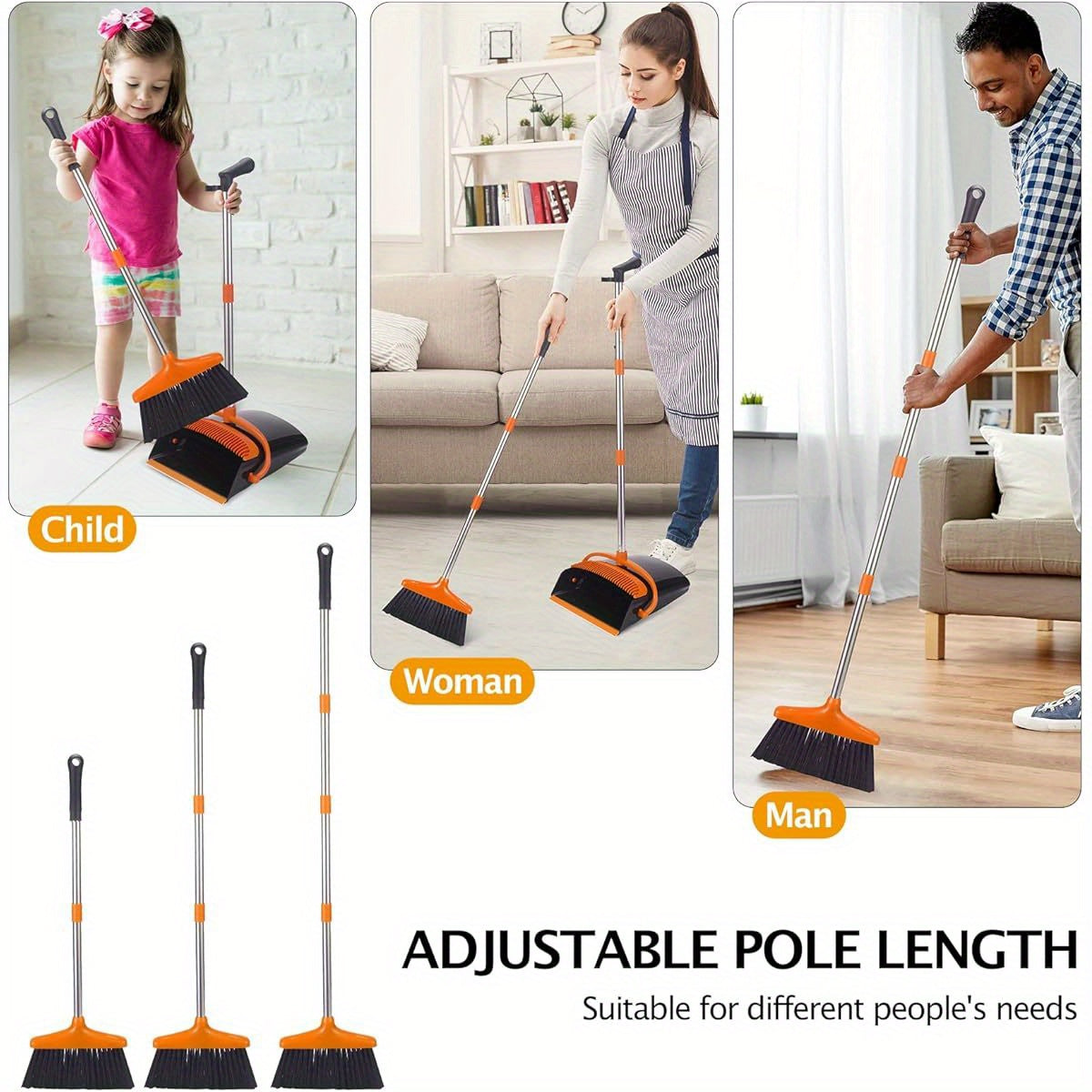 1-Pack Heavy-Duty Broom and Dustpan Set with Long Handle - Lightweight Stainless Steel Cleaning Combo, Space-Saving Stand Upright Dustpan, for Home, Kitchen, Office, Pet Hair, Hardwood Floors, Carpets - Ideal for Small Spaces & Commercial Use, Broom