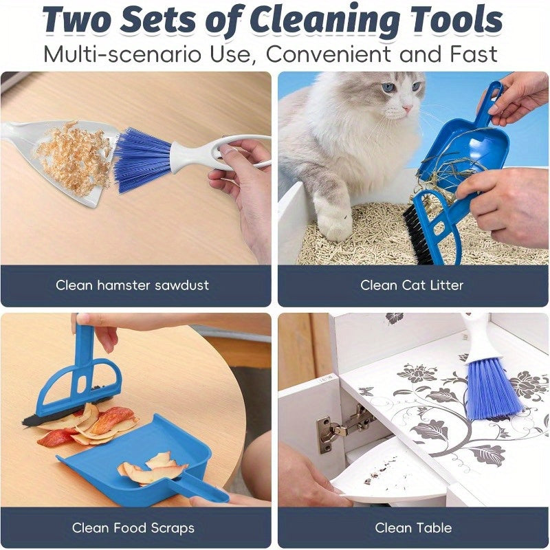 2 Pack Mini Dustpan and Brush Set with Ergonomic Handle & Locking Mechanism - Heavy-Duty BPA-Free Plastic, Compact Pet Cage Cleaner with Hanging Storage for Small Animals - Ideal for Guinea Pigs, Cats, Hamsters, Chinchillas, Rabbits, Reptiles -