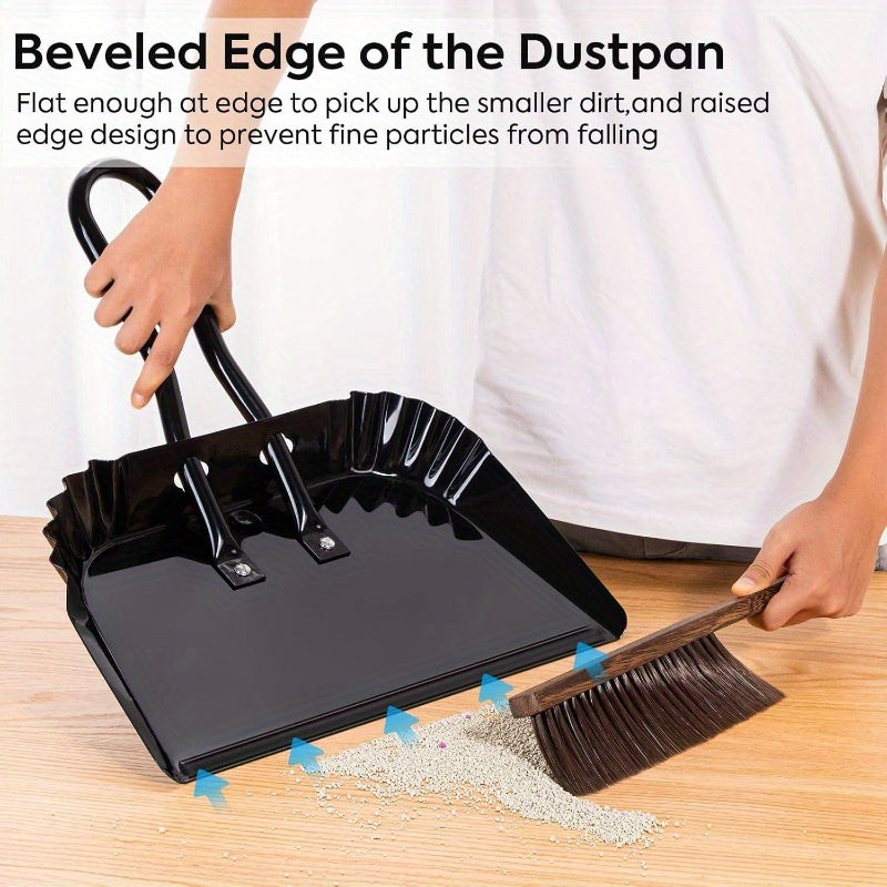 Heavy-Duty Large 17-Inch Metal Dust Pan and Brush Set with Ergonomic Rubber-Coated Handle & Sturdy Broom Head - Large Rectangular Pan with Rounded Edges for Carpet, Hardwood, Tile, Vinyl Floors - Indoor/Outdoor Use for Home, Patio, Car, Pet Hair Removal -