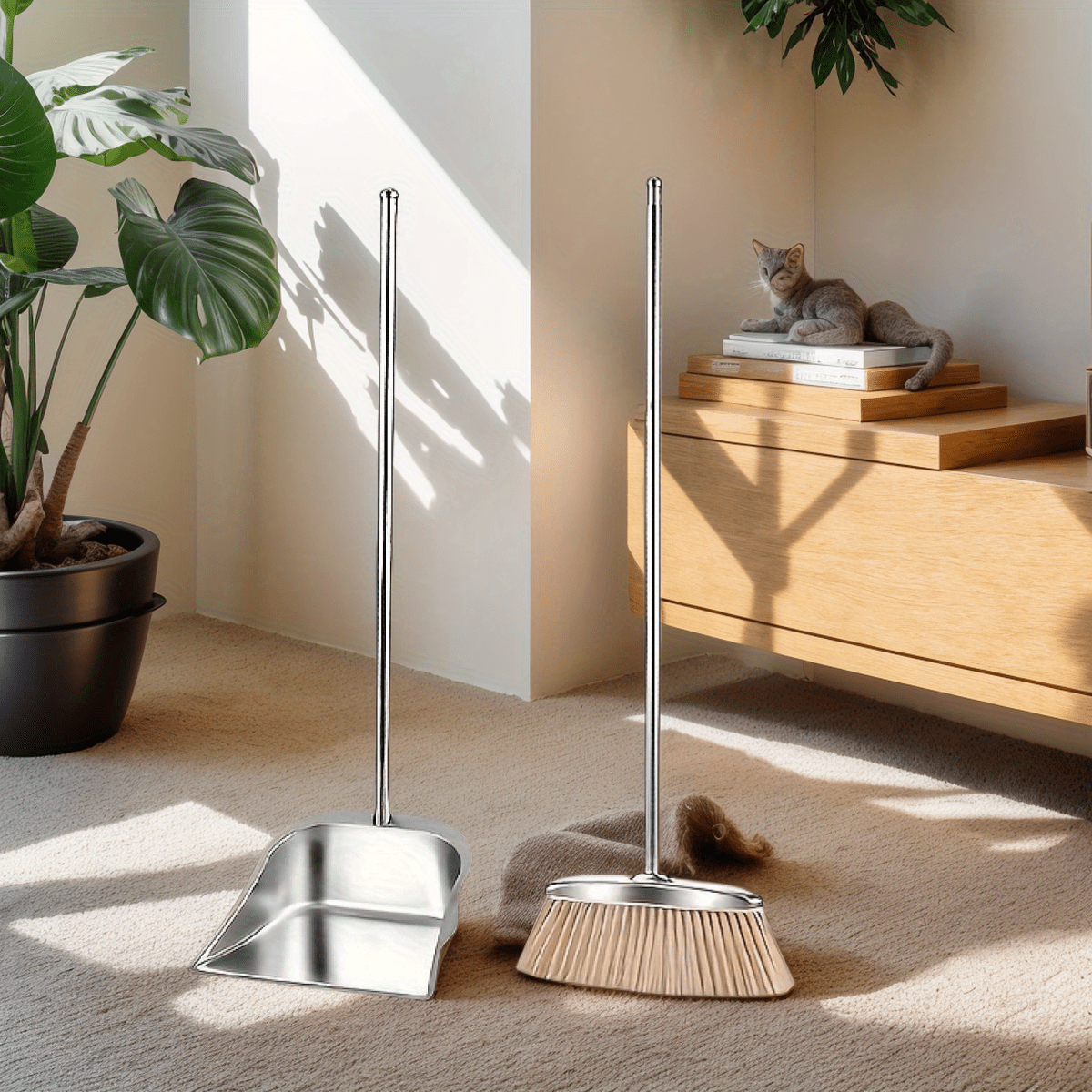 Durable Stainless Steel Broom and Dustpan Set with Slant Edge Design - Efficient Cleaning Combo for Home, Office, and School Dormitory, Hard Floor Surface, Practical Cleaning Tools|Modern Broom Design|Stainless Steel Construction, Broom and Dustpan Set