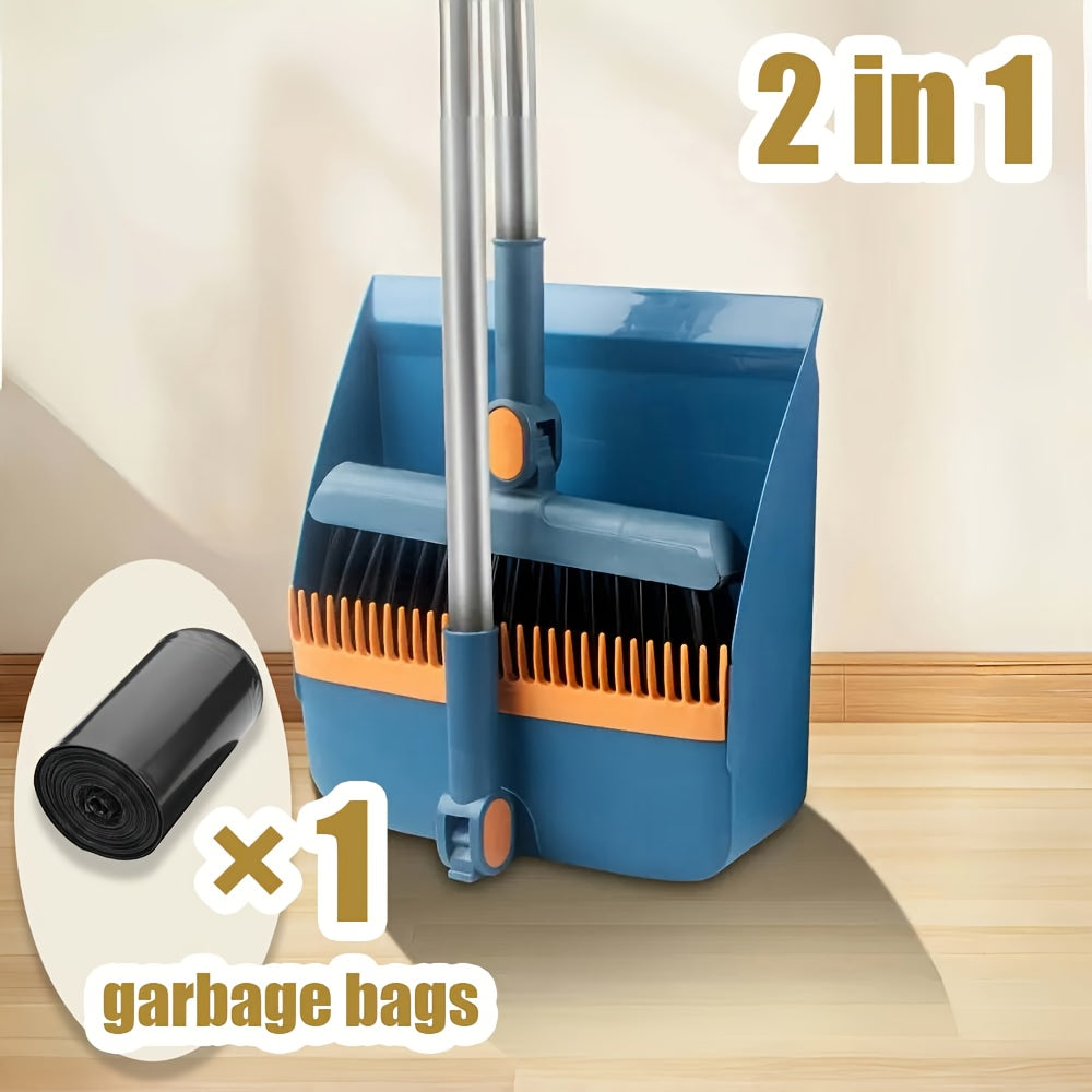 2-in-1 Broom and Dustpan Set with Garbage Bags - Heavy-Duty Sweeping & Dusting Combo, Long Handle for Hard Floors, Pet Hair Removal, Space-Saving Design - Ideal for Home, Office, Dorm, Bathroom, Kitchen - Cleaning Gadgets, Dorm Essentials, Sleek Combo,