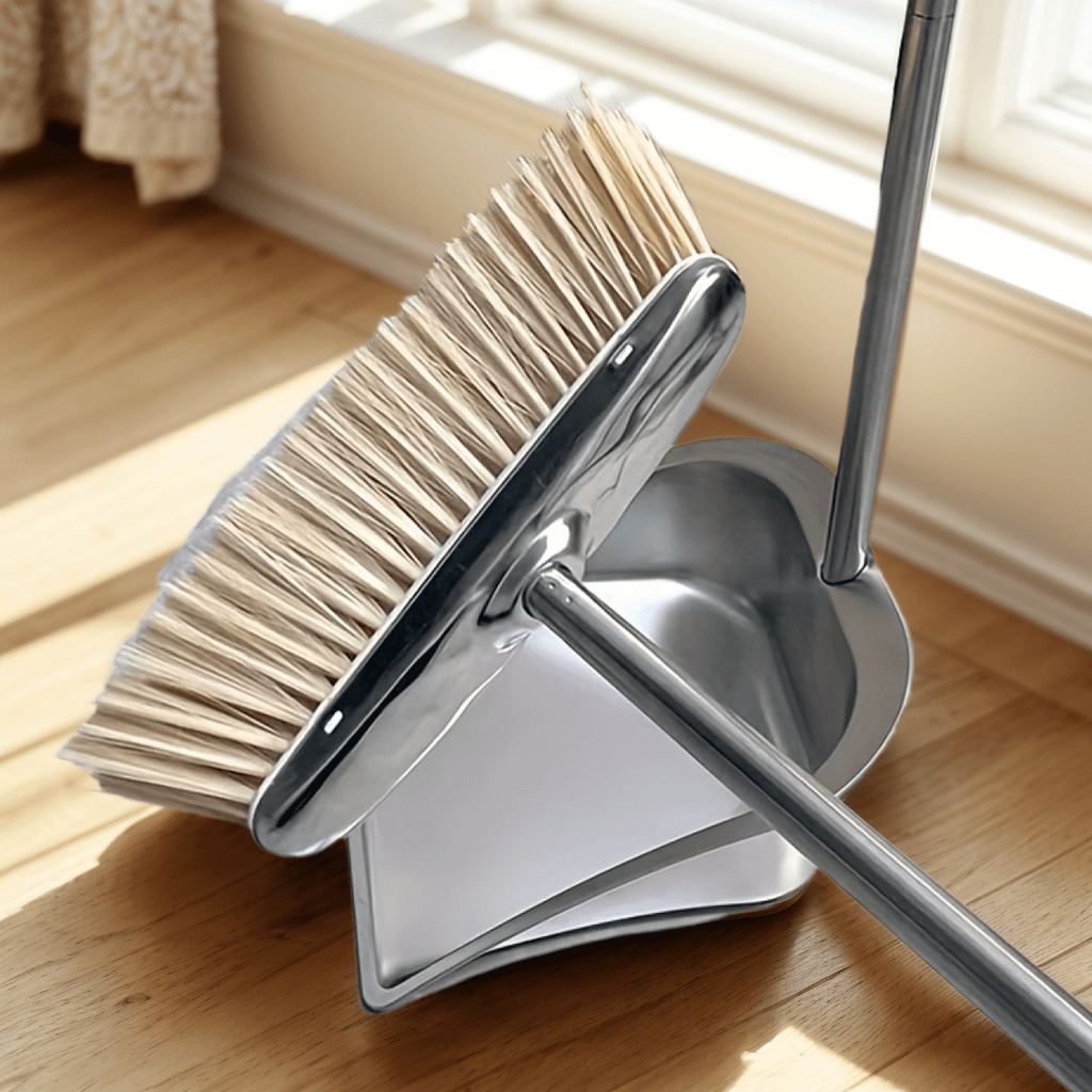 Durable Stainless Steel Broom and Dustpan Set with Slant Edge Design - Efficient Cleaning Combo for Home, Office, and School Dormitory, Hard Floor Surface, Practical Cleaning Tools|Modern Broom Design|Stainless Steel Construction, Broom and Dustpan Set
