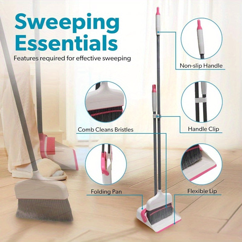 Butler Stand-Up Broom and Dustpan Set - Heavy-Duty Cleaning System with Ergonomic Stand, Lightweight & Space-Saving Combo for Hardwood, Tile, Carpet Floors - Ideal for Kitchen, Living Room, Bathroom, Hallway - White & Pink with Red Accent - Compatible