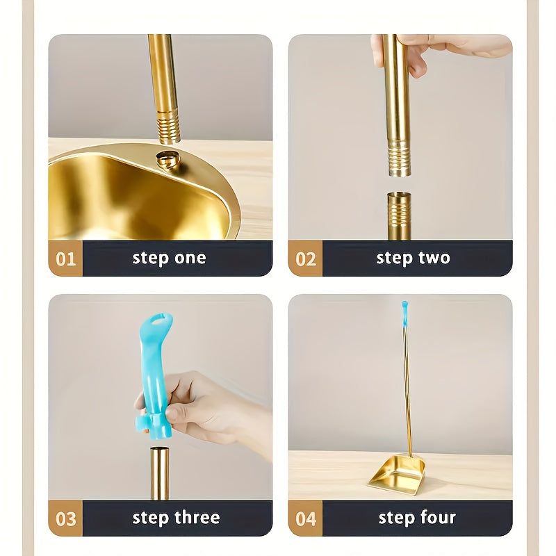 Golden Stainless Steel Broom and Dustpan Set - Heavy-Duty Cleaning Tools with Golden Broom Head & Pan, Easy-Clean Surface for Home, Office, Restaurant, Garage, Patio - Ideal for Hardwood, Tile, Linoleum Floors - Elegant Cleaning Set, Home Organization,