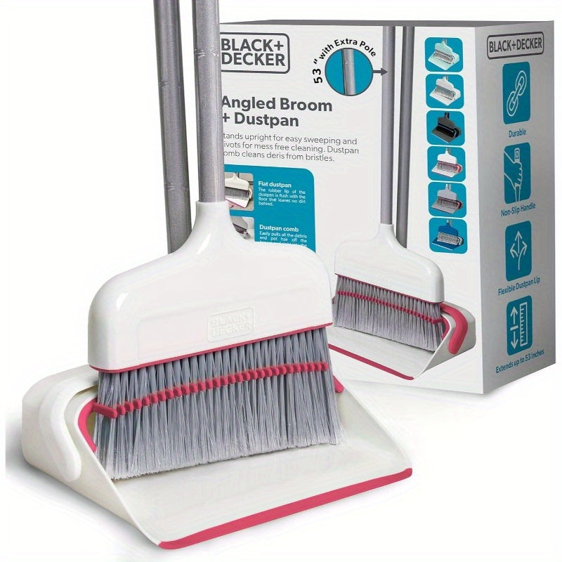 Butler Stand-Up Broom and Dustpan Set - Heavy-Duty Cleaning System with Ergonomic Stand, Lightweight & Space-Saving Combo for Hardwood, Tile, Carpet Floors - Ideal for Kitchen, Living Room, Bathroom, Hallway - White & Pink with Red Accent - Compatible