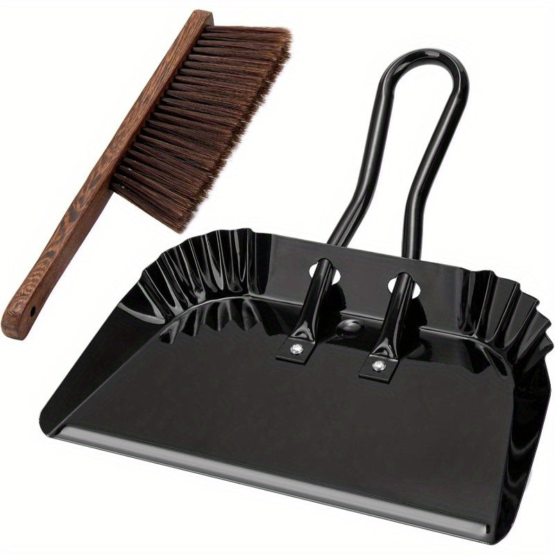 Heavy-Duty Large 17-Inch Metal Dust Pan and Brush Set with Ergonomic Rubber-Coated Handle & Sturdy Broom Head - Large Rectangular Pan with Rounded Edges for Carpet, Hardwood, Tile, Vinyl Floors - Indoor/Outdoor Use for Home, Patio, Car, Pet Hair Removal -