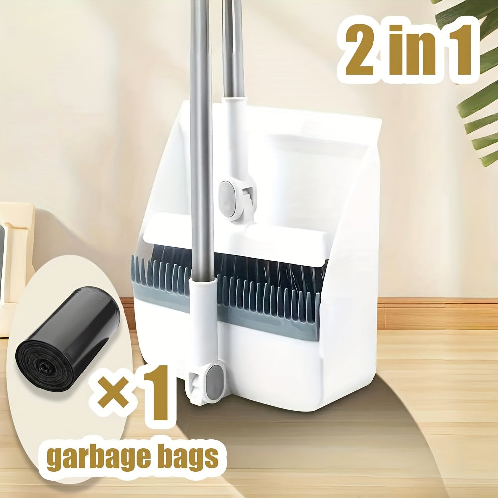2-in-1 Broom and Dustpan Set with Garbage Bags - Heavy-Duty Sweeping & Dusting Combo, Long Handle for Hard Floors, Pet Hair Removal, Space-Saving Design - Ideal for Home, Office, Dorm, Bathroom, Kitchen - Cleaning Gadgets, Dorm Essentials, Sleek Combo,
