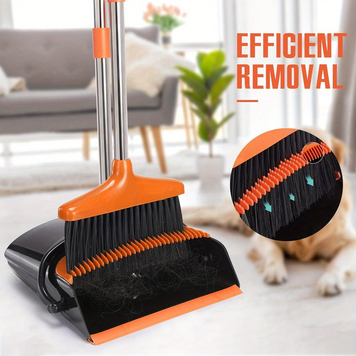 1-Pack Heavy-Duty Broom and Dustpan Set with Long Handle - Lightweight Stainless Steel Cleaning Combo, Space-Saving Stand Upright Dustpan, for Home, Kitchen, Office, Pet Hair, Hardwood Floors, Carpets - Ideal for Small Spaces & Commercial Use, Broom