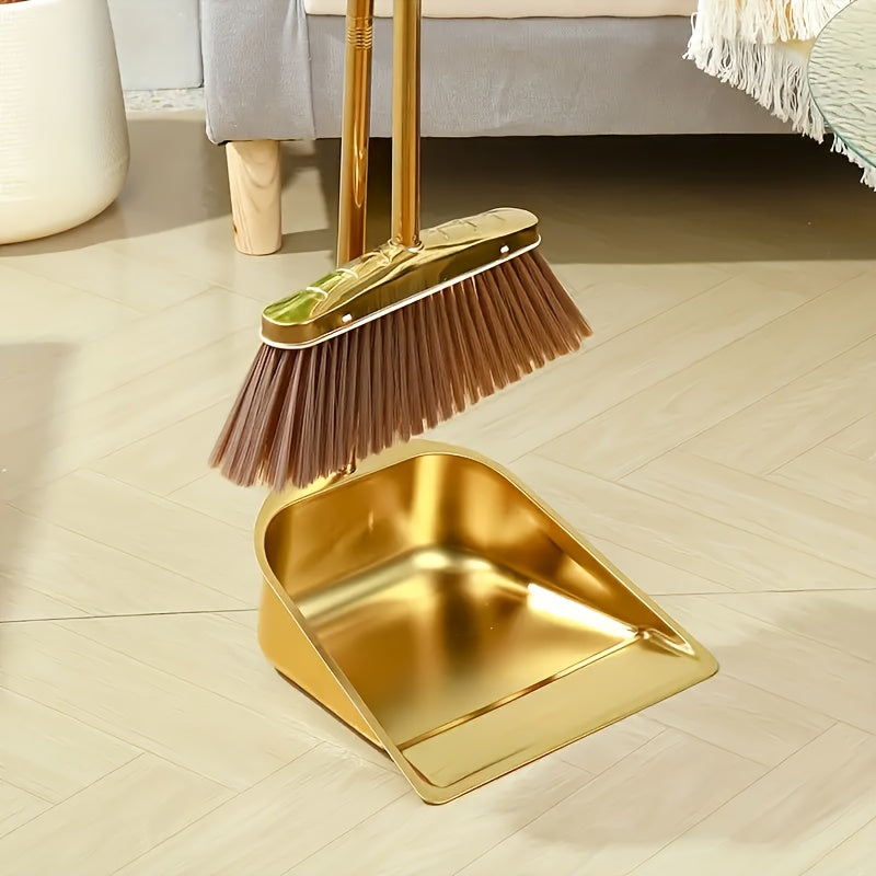 Golden Stainless Steel Broom and Dustpan Set - Heavy-Duty Cleaning Tools with Golden Broom Head & Pan, Easy-Clean Surface for Home, Office, Restaurant, Garage, Patio - Ideal for Hardwood, Tile, Linoleum Floors - Elegant Cleaning Set, Home Organization,