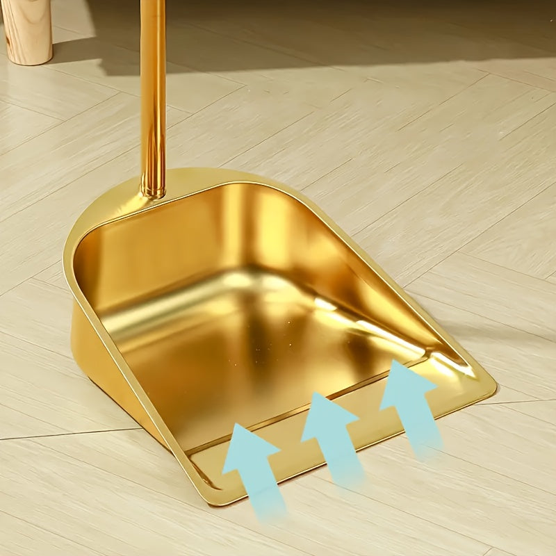 Golden Stainless Steel Broom and Dustpan Set - Heavy-Duty Cleaning Tools with Golden Broom Head & Pan, Easy-Clean Surface for Home, Office, Restaurant, Garage, Patio - Ideal for Hardwood, Tile, Linoleum Floors - Elegant Cleaning Set, Home Organization,