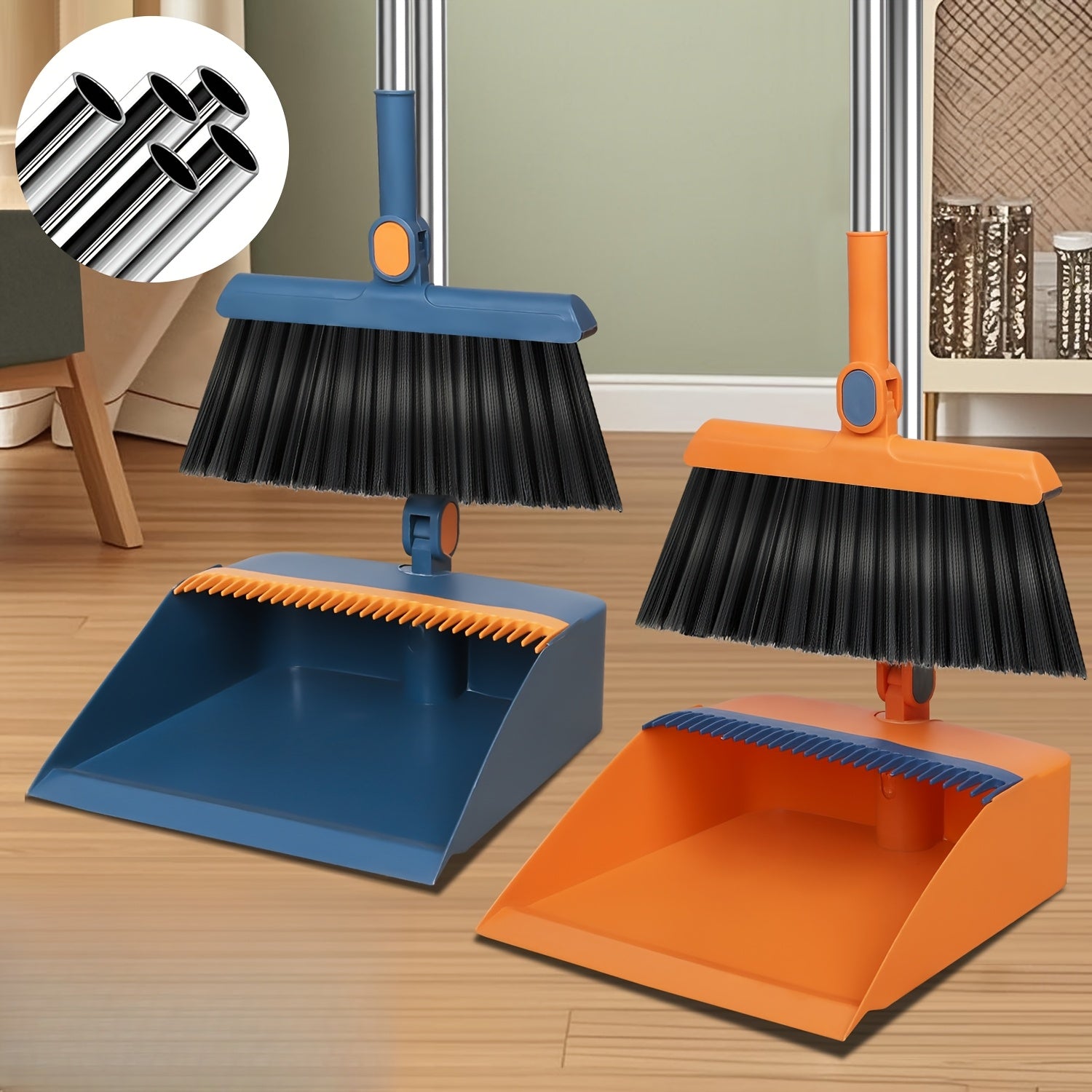 1set, Household Broom And Dustpan Set, Long Handle Floor Cleaning Broom Dustpan Set, Rotatable Broom And Dustpan with Comb Tooth, to Remove Dust And Garbage, for Home, Kitchen, Room, Office, Cleaning Supplies