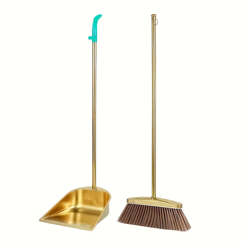 Golden Stainless Steel Broom and Dustpan Set - Heavy-Duty Cleaning Tools with Golden Broom Head & Pan, Easy-Clean Surface for Home, Office, Restaurant, Garage, Patio - Ideal for Hardwood, Tile, Linoleum Floors - Elegant Cleaning Set, Home Organization,