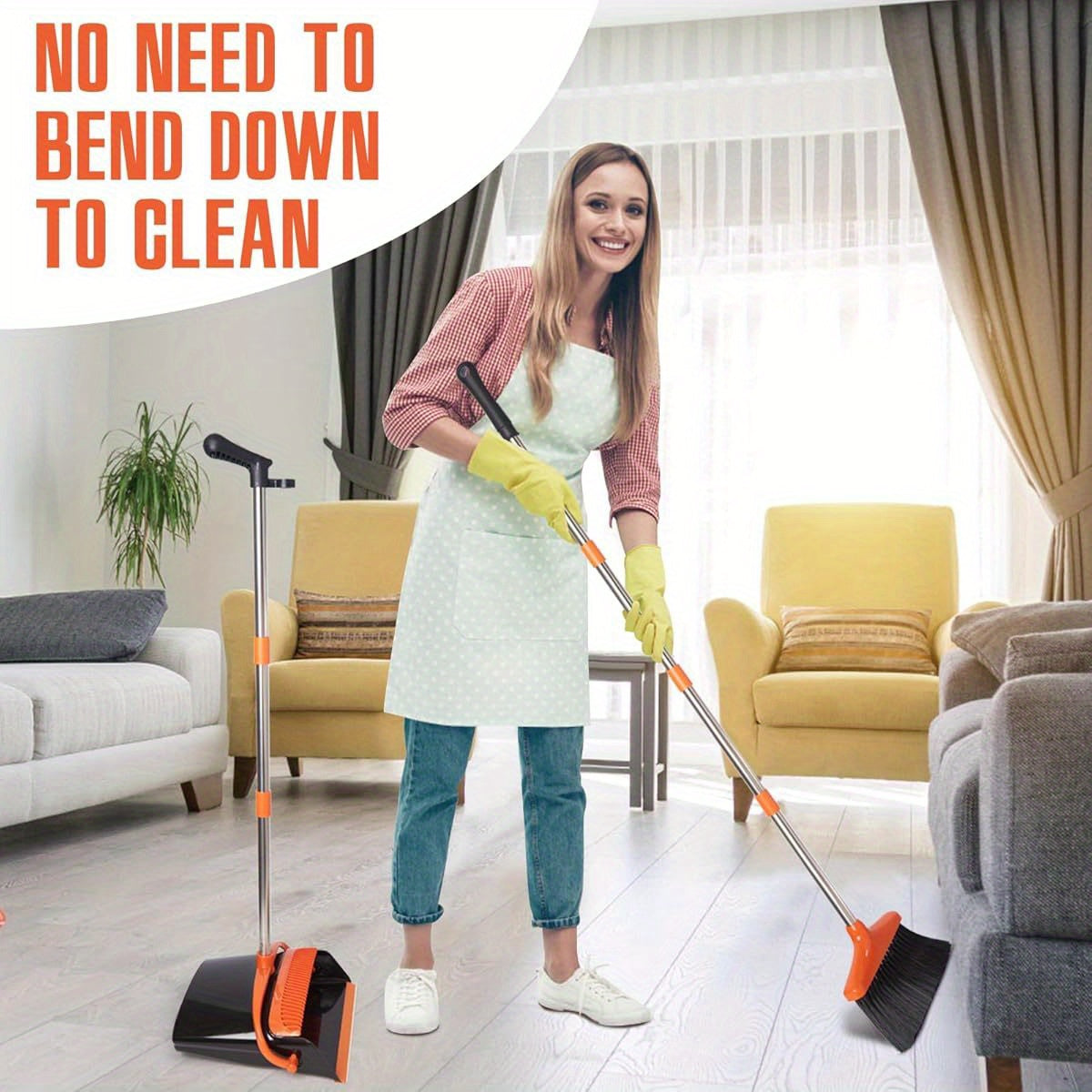 1-Pack Heavy-Duty Broom and Dustpan Set with Long Handle - Lightweight Stainless Steel Cleaning Combo, Space-Saving Stand Upright Dustpan, for Home, Kitchen, Office, Pet Hair, Hardwood Floors, Carpets - Ideal for Small Spaces & Commercial Use, Broom