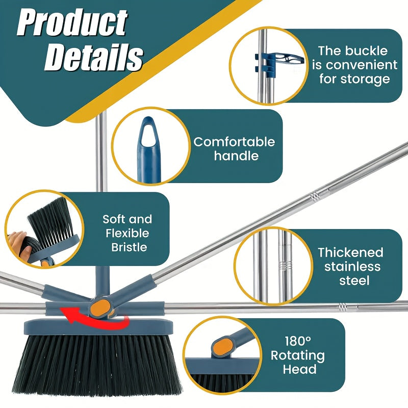 [Sturdy Broom Set] Collapsible Stainless Steel Handle Indoor Broom And Dustpan Set | Soft Bristles for Hard Floors | for Home, Kitchen, Room, Office Living Room Essential Cleaning Products, Practical Sweeping Kit, Home Cleaning Tools, Spacesaving Set,