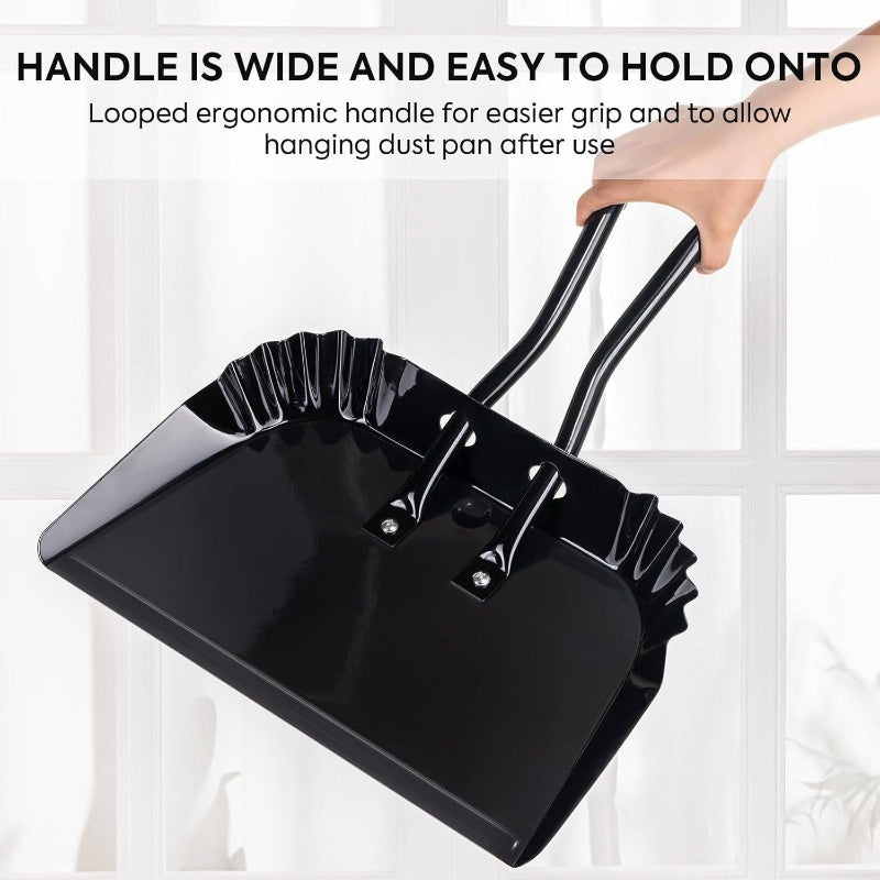 Heavy-Duty Large 17-Inch Metal Dust Pan and Brush Set with Ergonomic Rubber-Coated Handle & Sturdy Broom Head - Large Rectangular Pan with Rounded Edges for Carpet, Hardwood, Tile, Vinyl Floors - Indoor/Outdoor Use for Home, Patio, Car, Pet Hair Removal -