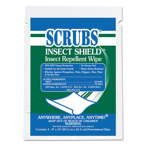 SCRUBS Insect Shield Insect Repellent Wipes, 8 X 10, White, 100-carton