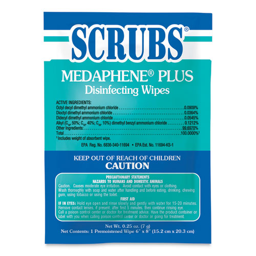 SCRUBS Medaphene Disinfectant Wet Wipes, 6 X 8, White, Individually Wrapped Foil Packets, 100-carton