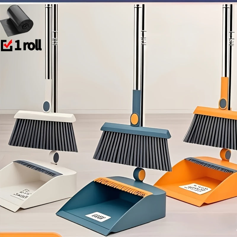 2-in-1 Broom and Dustpan Set with Garbage Bags - Heavy-Duty Sweeping & Dusting Combo, Long Handle for Hard Floors, Pet Hair Removal, Space-Saving Design - Ideal for Home, Office, Dorm, Bathroom, Kitchen - Cleaning Gadgets, Dorm Essentials, Sleek Combo,