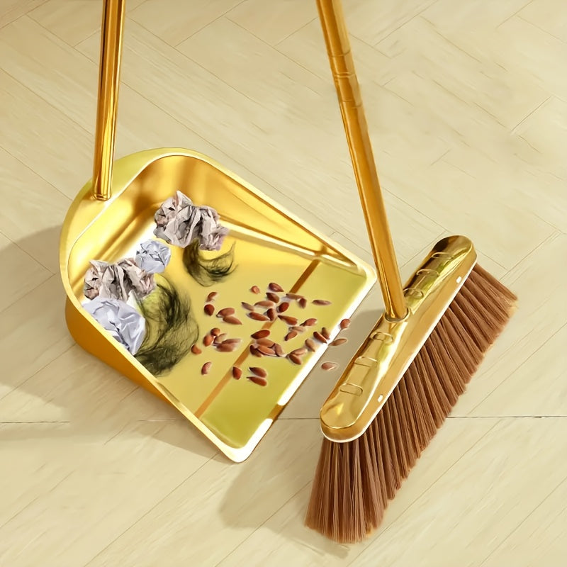 Golden Stainless Steel Broom and Dustpan Set - Heavy-Duty Cleaning Tools with Golden Broom Head & Pan, Easy-Clean Surface for Home, Office, Restaurant, Garage, Patio - Ideal for Hardwood, Tile, Linoleum Floors - Elegant Cleaning Set, Home Organization,