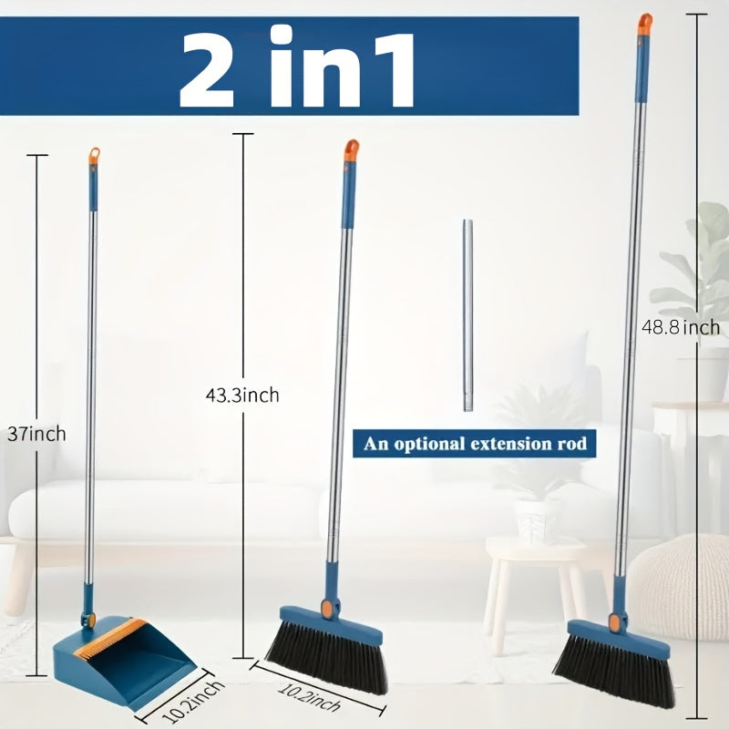 [Sturdy Broom Set] Collapsible Stainless Steel Handle Indoor Broom And Dustpan Set | Soft Bristles for Hard Floors | for Home, Kitchen, Room, Office Living Room Essential Cleaning Products, Practical Sweeping Kit, Home Cleaning Tools, Spacesaving Set,