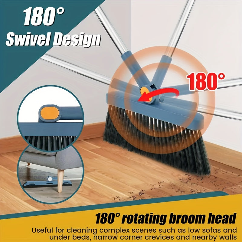 [Sturdy Broom Set] Collapsible Stainless Steel Handle Indoor Broom And Dustpan Set | Soft Bristles for Hard Floors | for Home, Kitchen, Room, Office Living Room Essential Cleaning Products, Practical Sweeping Kit, Home Cleaning Tools, Spacesaving Set,