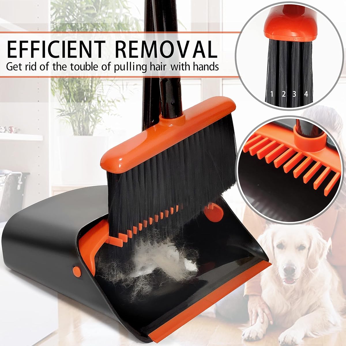 Heavy-Duty Broom and Dustpan Set with Long Handle - Extended Reach, Lightweight Cleaning System with Upright Standing Dust Pan, Comb Teeth for Efficient Sweeping - Ideal for Home, Office, Kitchen, Living Room - Space-Saving Storage Design, Home