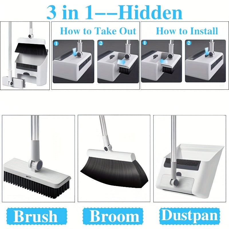 [3 In 1 Broom Mop] 3 In 1 Foldable Broom With Dustpan Combo Set&Floor Brush | Household Cleaning Tool Set, Outdoor Broom, Efficient Cleaning, Flexible Design, Quick Dust Removal, Dorm Room Essentials, Good Helper For Home And Office Cleaning 2025