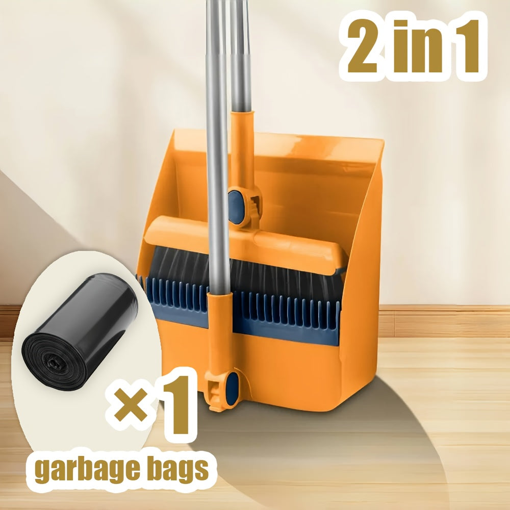 2-in-1 Broom and Dustpan Set with Garbage Bags - Heavy-Duty Sweeping & Dusting Combo, Long Handle for Hard Floors, Pet Hair Removal, Space-Saving Design - Ideal for Home, Office, Dorm, Bathroom, Kitchen - Cleaning Gadgets, Dorm Essentials, Sleek Combo,