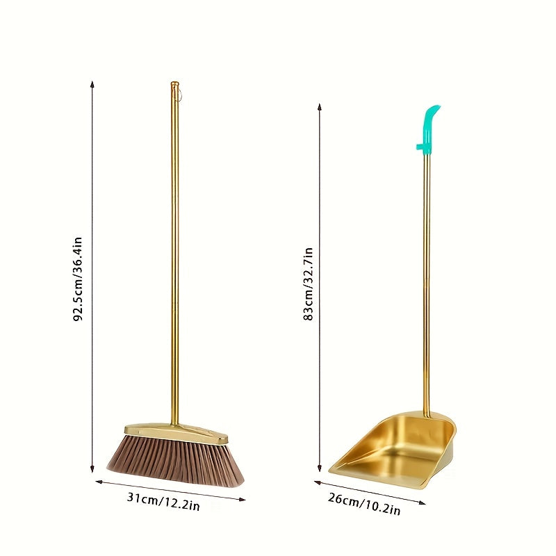 Golden Stainless Steel Broom and Dustpan Set - Heavy-Duty Cleaning Tools with Golden Broom Head & Pan, Easy-Clean Surface for Home, Office, Restaurant, Garage, Patio - Ideal for Hardwood, Tile, Linoleum Floors - Elegant Cleaning Set, Home Organization,