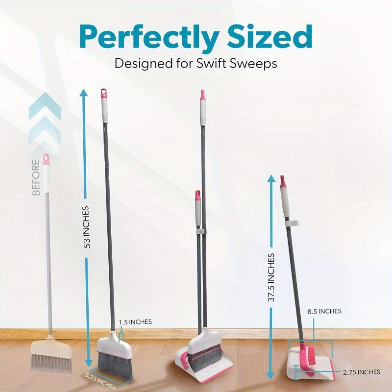Butler Stand-Up Broom and Dustpan Set - Heavy-Duty Cleaning System with Ergonomic Stand, Lightweight & Space-Saving Combo for Hardwood, Tile, Carpet Floors - Ideal for Kitchen, Living Room, Bathroom, Hallway - White & Pink with Red Accent - Compatible