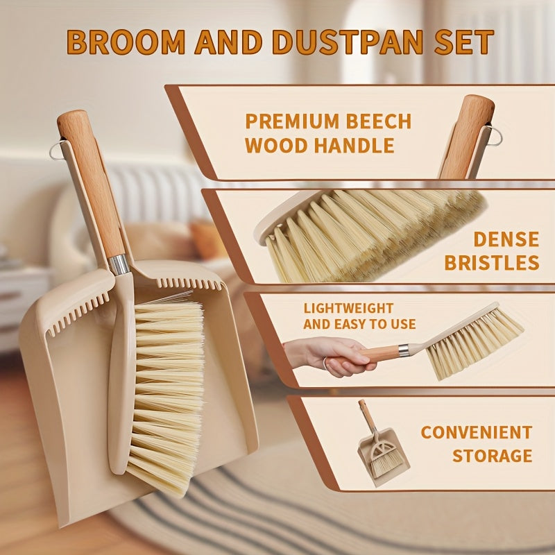 A set of small dustpan and wooden handle broom combination - suitable for cleaning sofas, tables, and small spaces