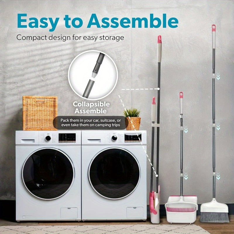 Butler Stand-Up Broom and Dustpan Set - Heavy-Duty Cleaning System with Ergonomic Stand, Lightweight & Space-Saving Combo for Hardwood, Tile, Carpet Floors - Ideal for Kitchen, Living Room, Bathroom, Hallway - White & Pink with Red Accent - Compatible