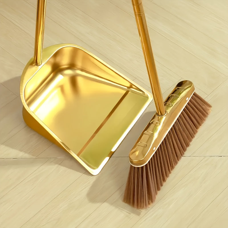 Golden Stainless Steel Broom and Dustpan Set - Heavy-Duty Cleaning Tools with Golden Broom Head & Pan, Easy-Clean Surface for Home, Office, Restaurant, Garage, Patio - Ideal for Hardwood, Tile, Linoleum Floors - Elegant Cleaning Set, Home Organization,
