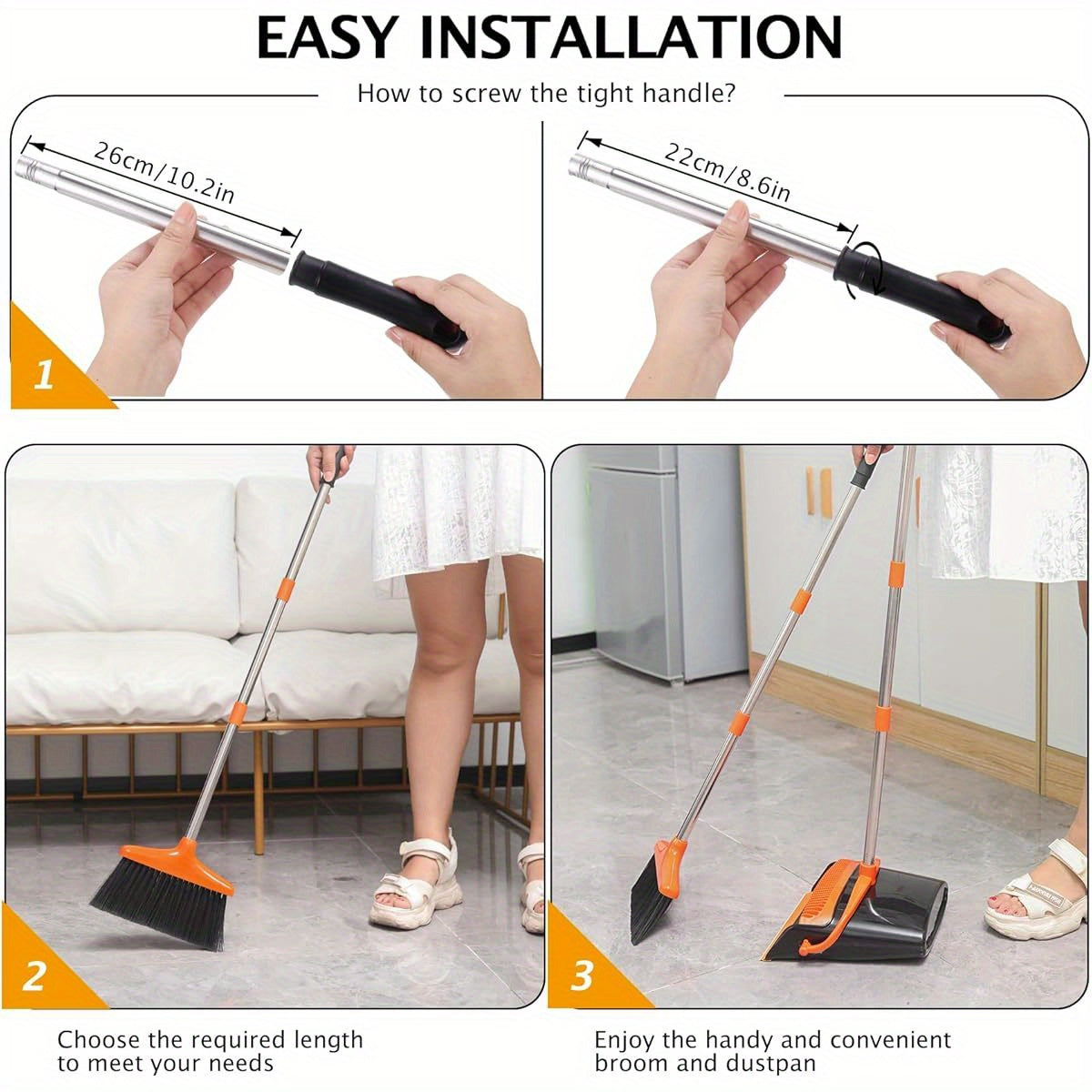 1-Pack Heavy-Duty Broom and Dustpan Set with Long Handle - Lightweight Stainless Steel Cleaning Combo, Space-Saving Stand Upright Dustpan, for Home, Kitchen, Office, Pet Hair, Hardwood Floors, Carpets - Ideal for Small Spaces & Commercial Use, Broom
