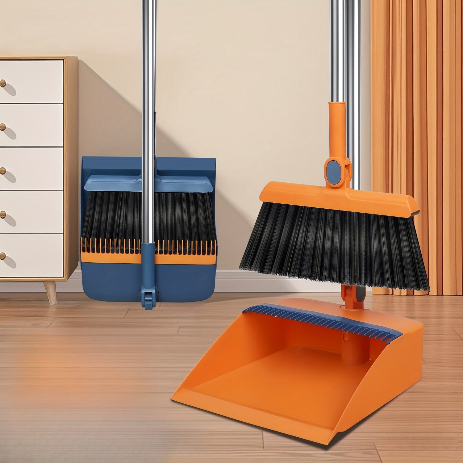 1set, Household Broom And Dustpan Set, Long Handle Floor Cleaning Broom Dustpan Set, Rotatable Broom And Dustpan with Comb Tooth, to Remove Dust And Garbage, for Home, Kitchen, Room, Office, Cleaning Supplies