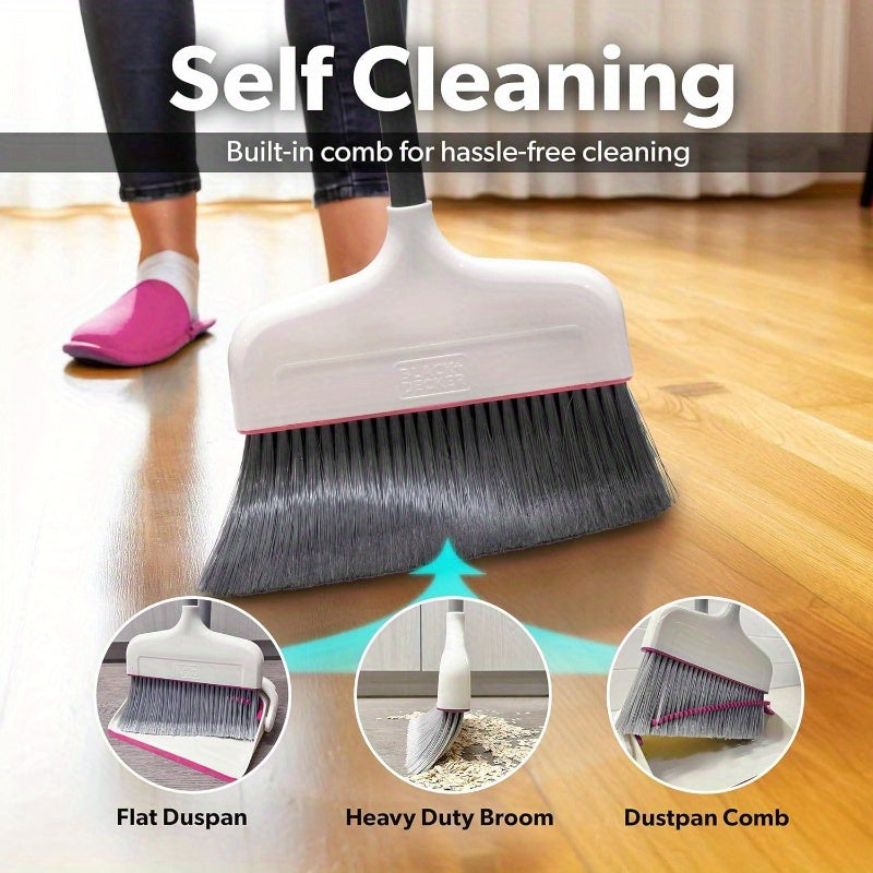 Butler Stand-Up Broom and Dustpan Set - Heavy-Duty Cleaning System with Ergonomic Stand, Lightweight & Space-Saving Combo for Hardwood, Tile, Carpet Floors - Ideal for Kitchen, Living Room, Bathroom, Hallway - White & Pink with Red Accent - Compatible